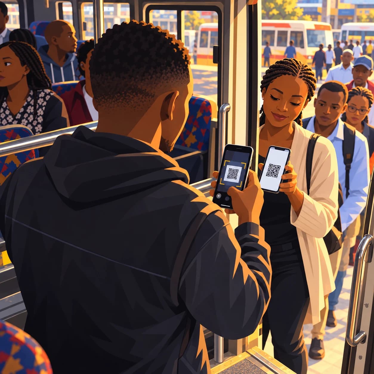 From inside a matatu, a conductor scans a commuter's phone pass as the boarding line continues outside.
