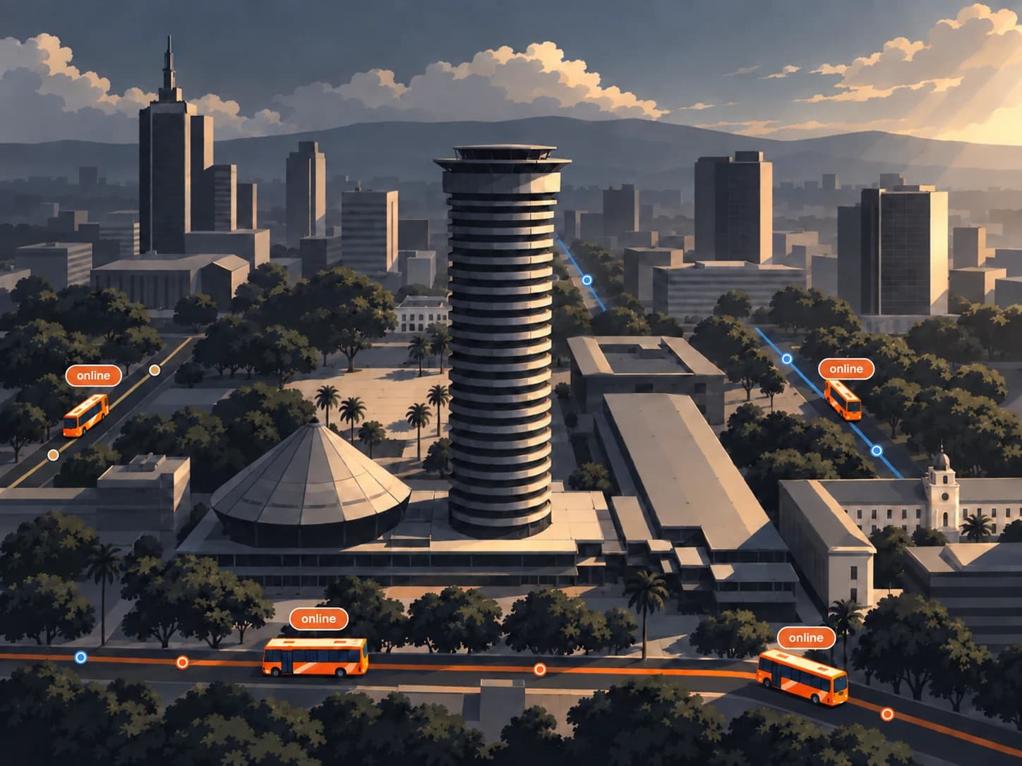 An illustrated aerial view of Nairobi CBD around KICC, with highlighted routes and four SACCO buses labelled online.