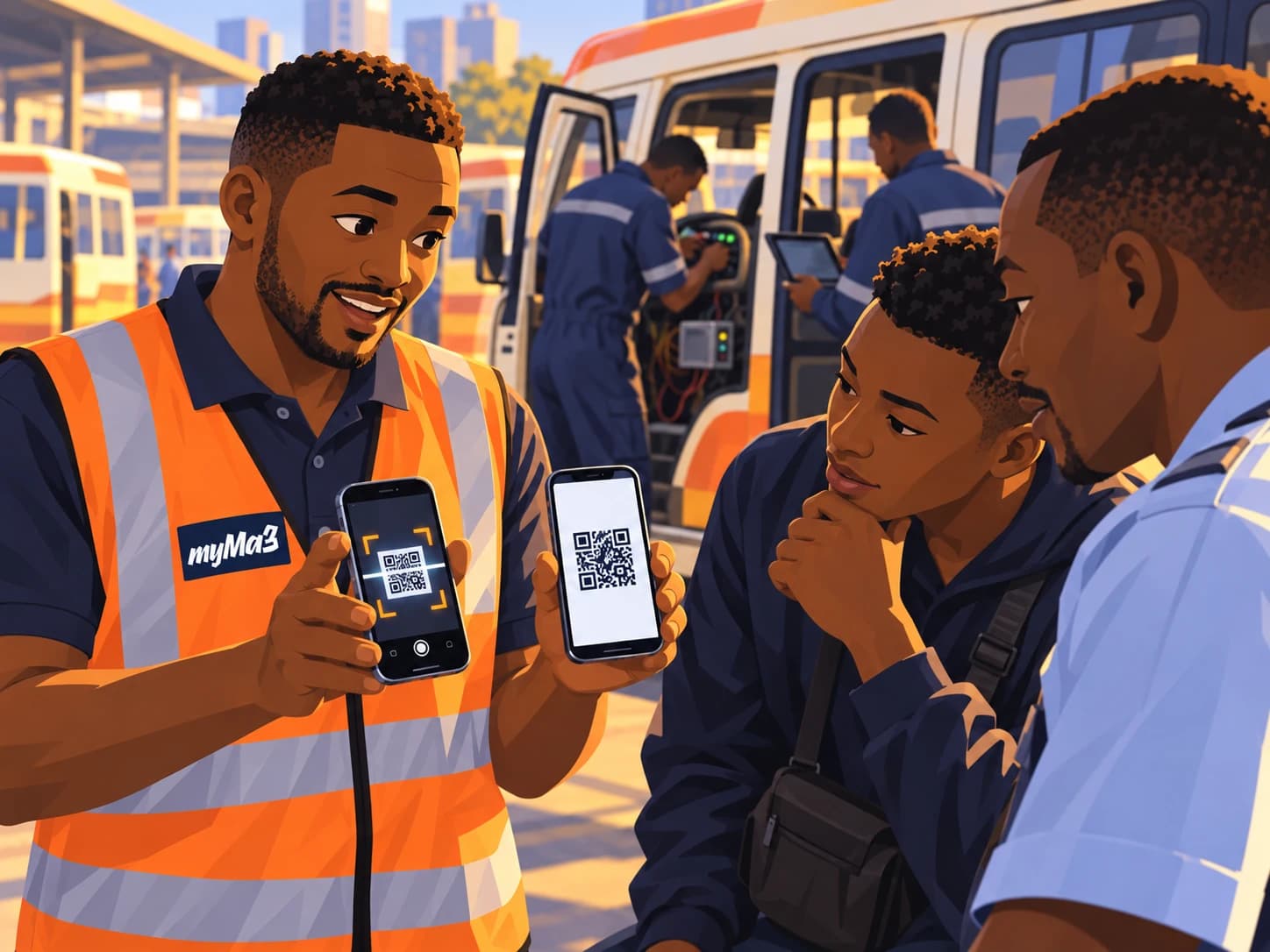 A myMa3 trainer demonstrating scanner and QR-code phones to a conductor and driver, while technicians connect a matatu behind them.