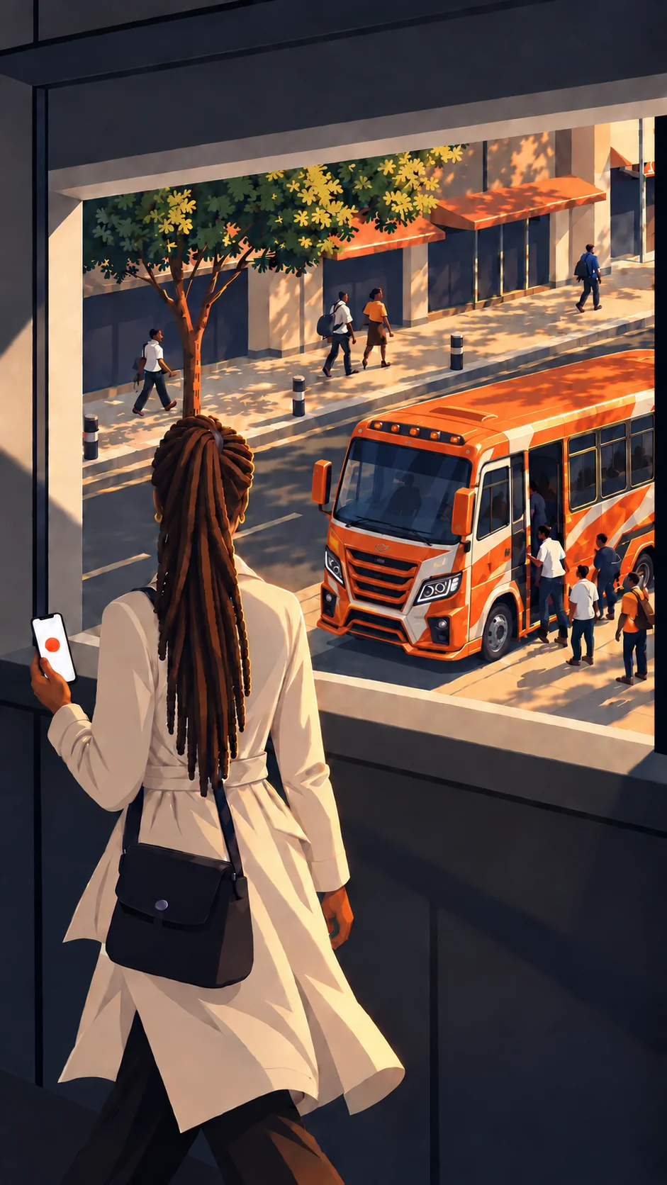 A woman receives an arrival alert while an orange matatu pulls up outside.