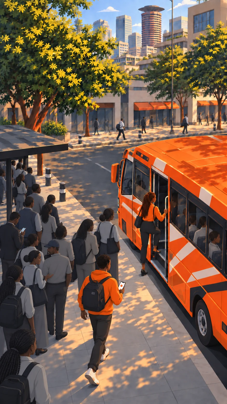 A passenger boards an orange matatu using the priority lane.