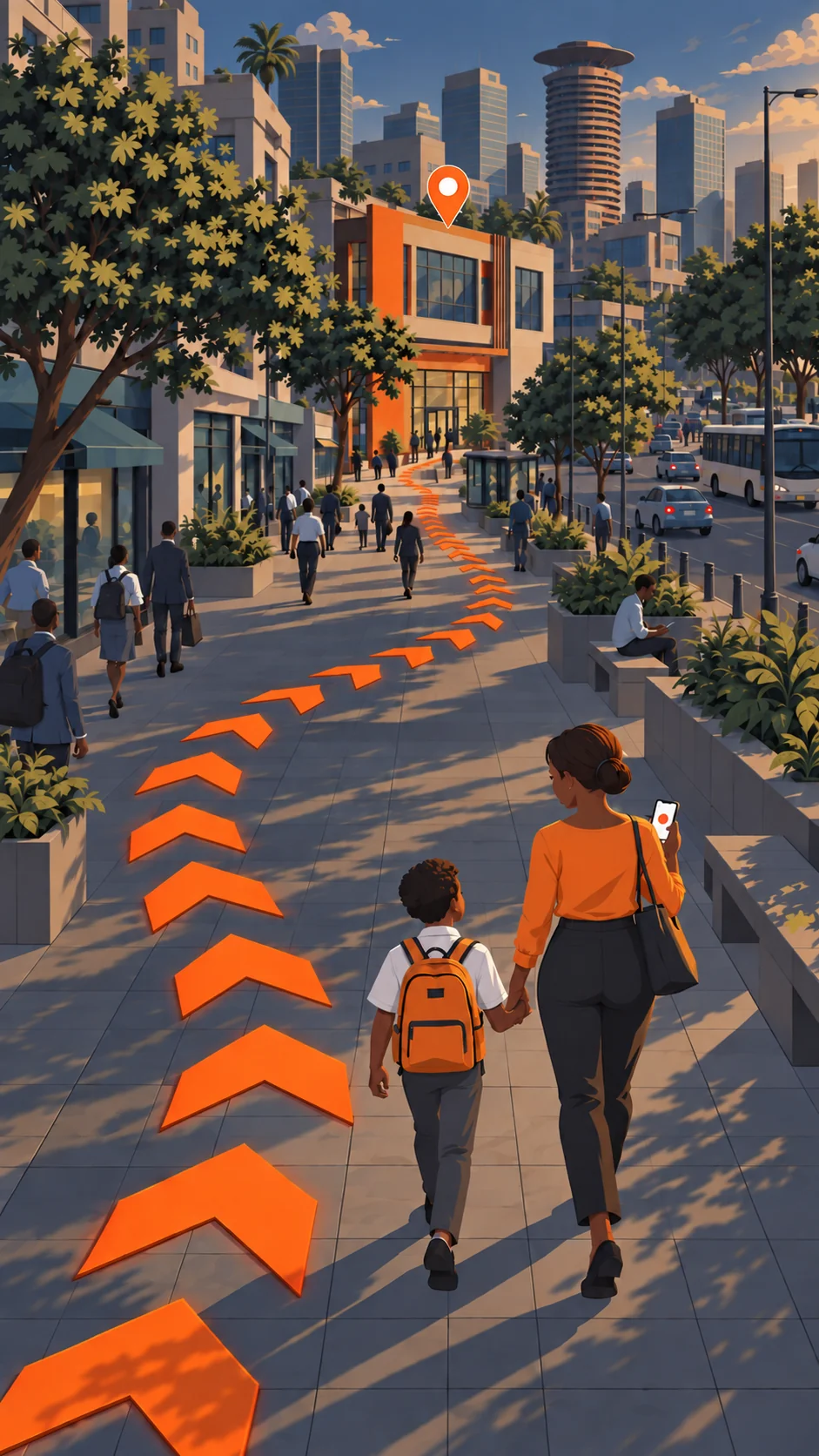 A passenger follows directions on her phone through the city.